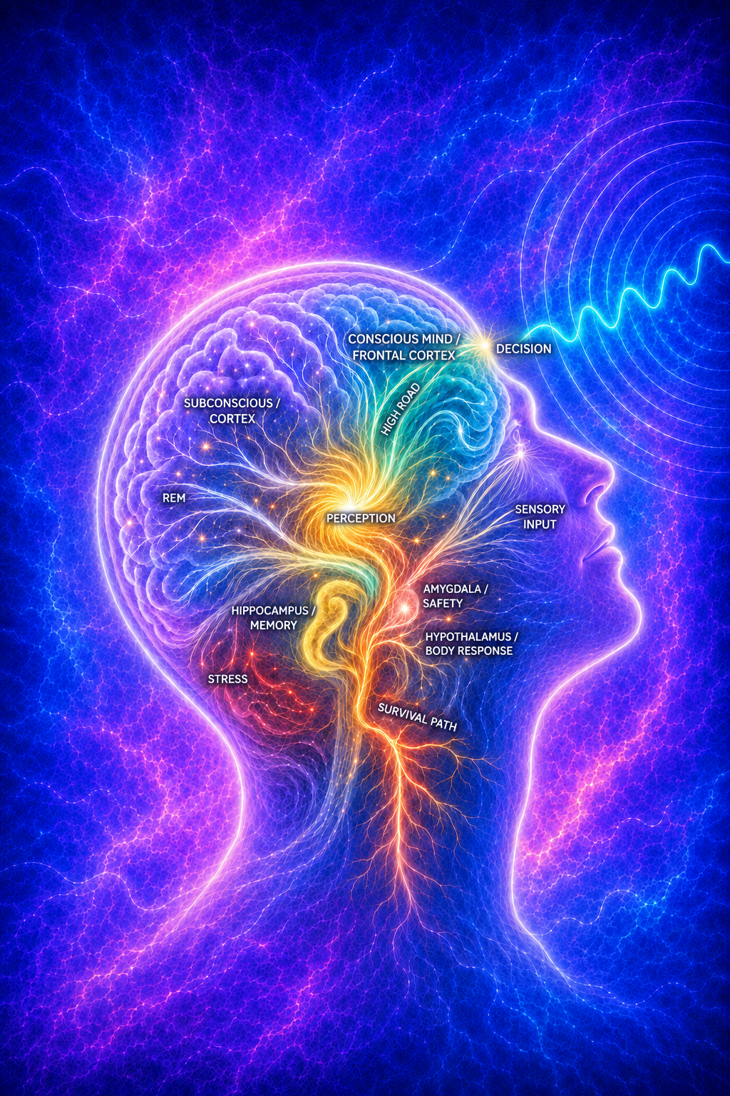 A luminous human profile representing conscious choice and brain responses